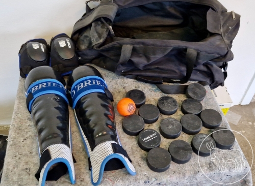 Eishockey Schützer mit Tasche und Pucks